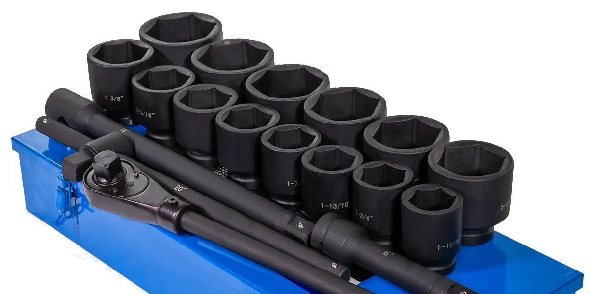 1 inch drive SAE jumbo impact socket set with ratchet and extensions in metal case