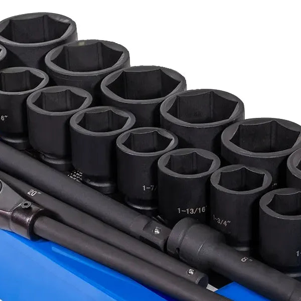 1 inch drive SAE jumbo impact socket set with ratchet and extensions in metal case