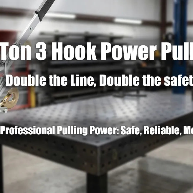A 4 Ton 3-Hook Power Puller with aircraft grade steel cable and a dual-gear ratcheting system, shown in a professional fabrication shop environment with a welding table and tool storage.