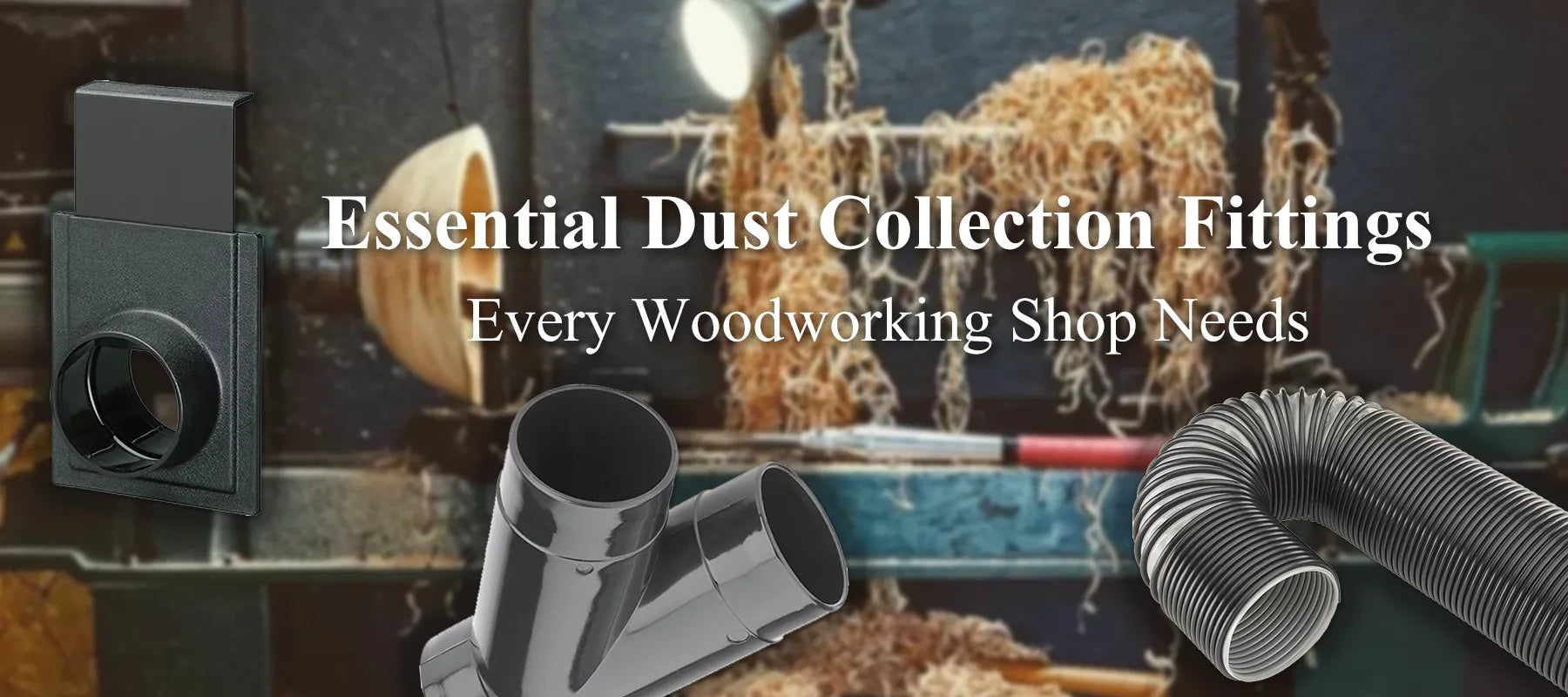 A collection of essential dust collection fittings, including a black plastic blast gate, a Y-connector, and flexible hose, displayed in front of a woodworking lathe covered in wood shavings.