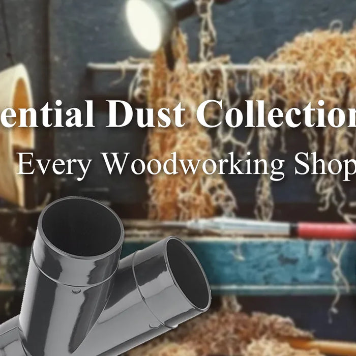 A collection of essential dust collection fittings, including a black plastic blast gate, a Y-connector, and flexible hose, displayed in front of a woodworking lathe covered in wood shavings.