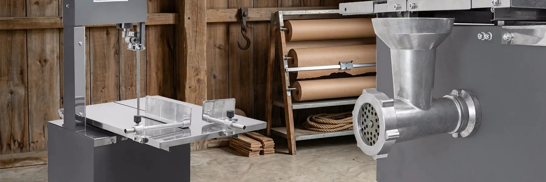 A heavy-duty meat saw and integrated grinding attachment assembled inside a rustic wooden barn workshop with rolls of butcher paper in the background.