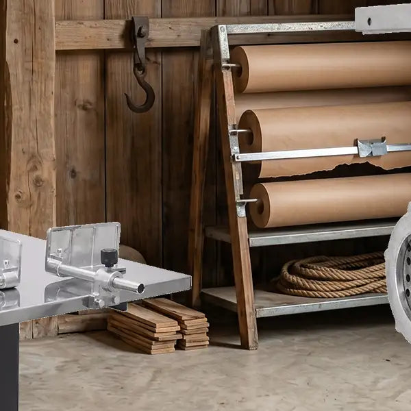 A heavy-duty meat saw and integrated grinding attachment assembled inside a rustic wooden barn workshop with rolls of butcher paper in the background.