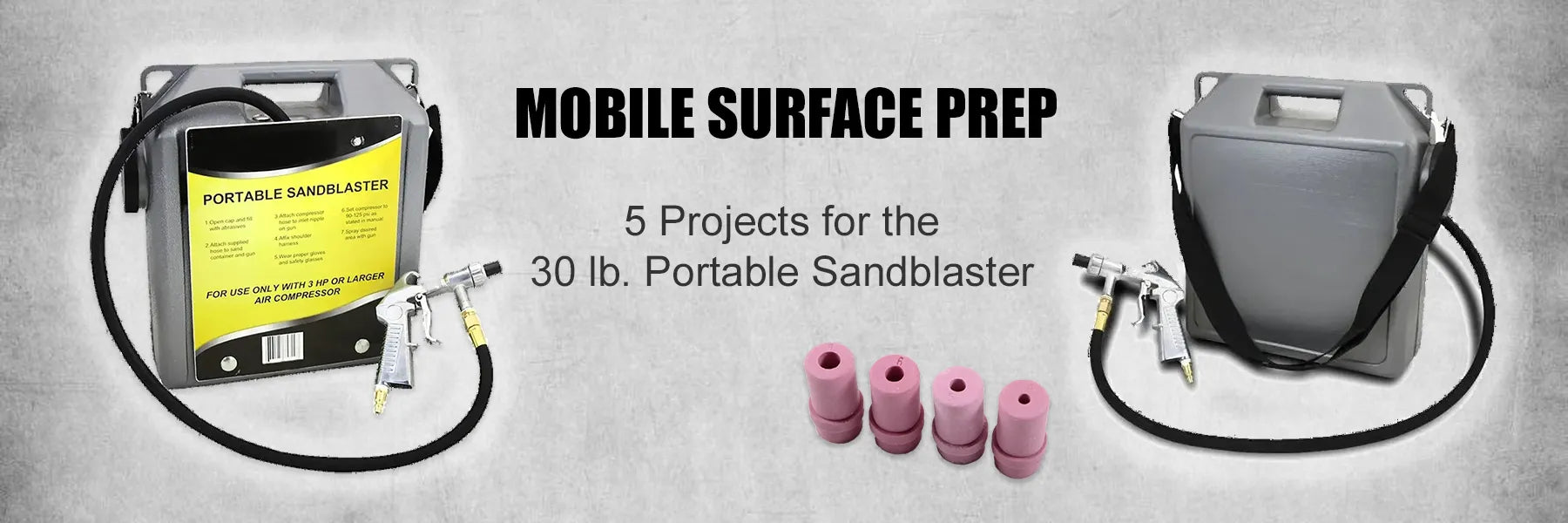 Complete 30 lb. portable sandblaster kit featuring a mobile hopper with shoulder strap, industrial blast gun assembly, and four interchangeable pink ceramic nozzles on an industrial concrete background.