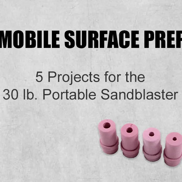 Complete 30 lb. portable sandblaster kit featuring a mobile hopper with shoulder strap, industrial blast gun assembly, and four interchangeable pink ceramic nozzles on an industrial concrete background.