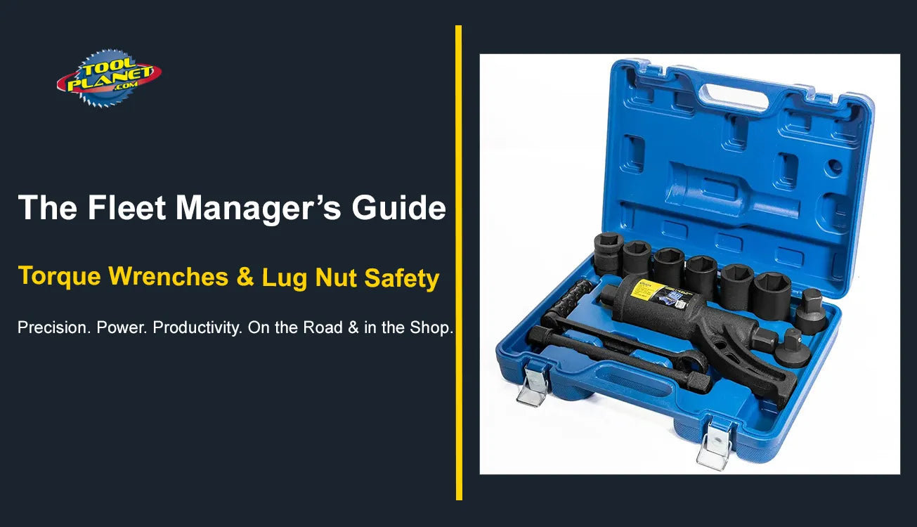 A blue Tool Planet torque multiplier wrench set in a heavy-duty carrying case, featured in a fleet manager's guide to lug nut safety.