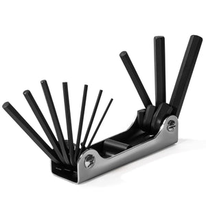 A compact folding Allen wrench set with multiple sizes, resembling a Swiss Army knife, ideal for carrying in a toolbox or for on-the-go repairs.