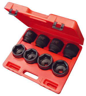 8 piece 3/4 inch drive SAE impact socket set displayed in an open red blow-molded case.