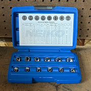 Open case showing twelve 1/4 inch drive universal spline -metric sockets made from chrome vanadium steel.