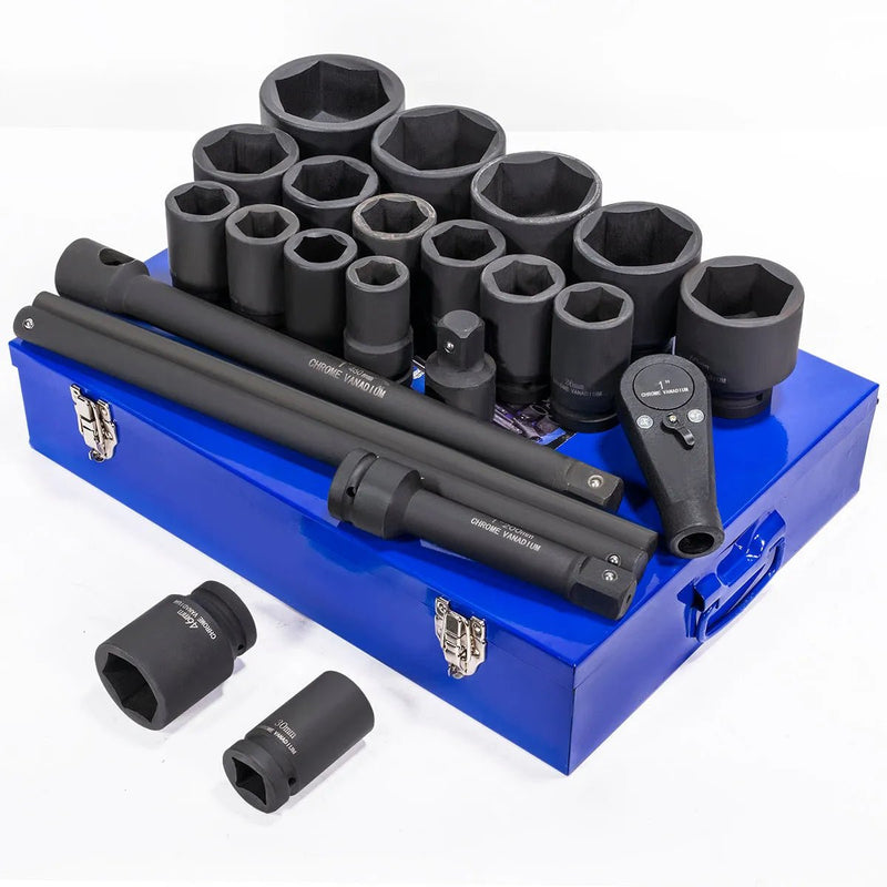 1" Drive Jumbo Impact Sockets Set Metric Extension Cr - Mo 6 - Point, 21 - Piece Set