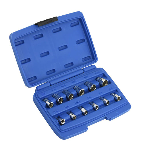 Open blue case showing twelve 1/4 inch drive universal spline sockets made from high-polish chrome vanadium steel