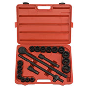 21 piece 3/4 inch drive SAE impact socket set displayed in an open red blow-molded case.