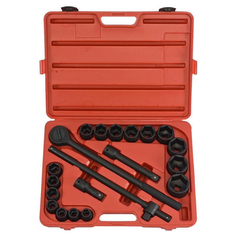 21 piece 3/4 inch drive SAE impact socket set displayed in an open red blow-molded case.