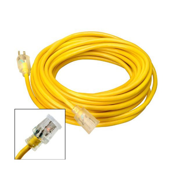 25-foot 14-gauge heavy-duty indoor and outdoor extension cord with a 3-prong clear lighted plug.