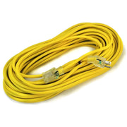 Packaged 25-foot 14-gauge heavy-duty yellow extension cord with lighted plug.