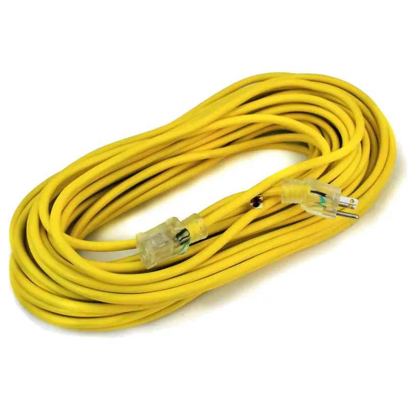 Packaged 25-foot 14-gauge heavy-duty yellow extension cord with lighted plug.