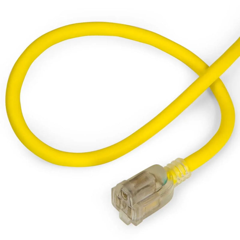 Close-up of the coiled 25-foot heavy-duty yellow extension cord showing the clear 3-prong lighted plug ends.