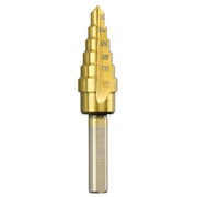 3/16 to 1/2 inch Titanium M2 Steel HSS Step Drill Bit with fluted design, titanium nitride coating, and 1/4 inch shank for drilling metal, wood, and plastic