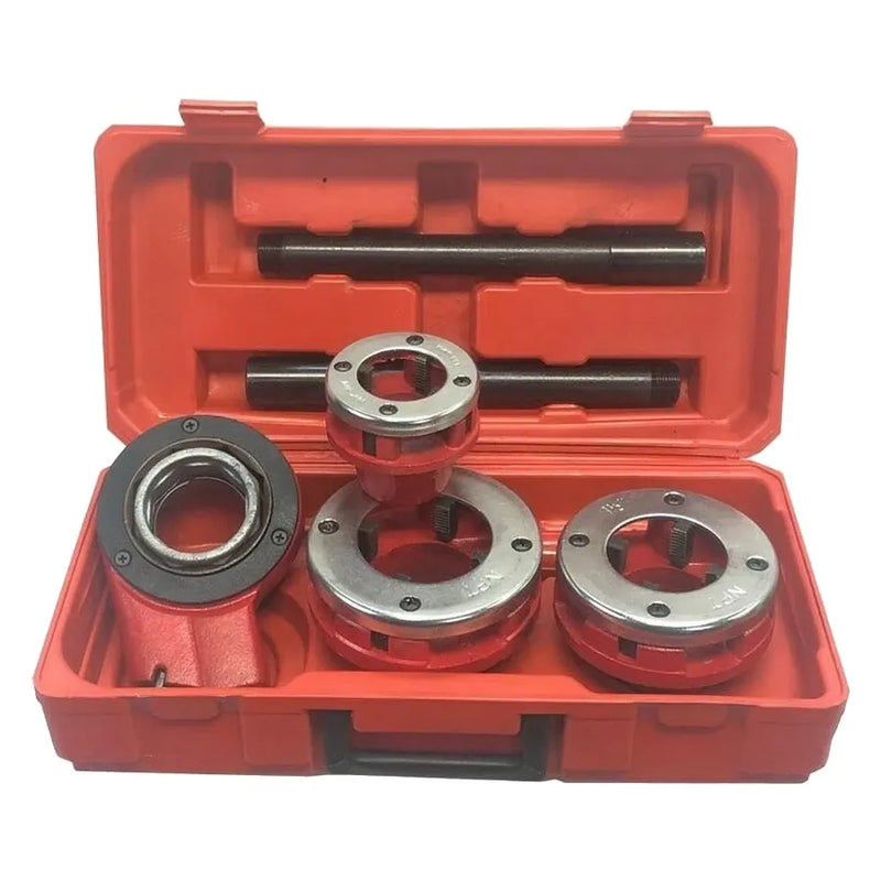 Durable red blow-molded storage and carrying case for the professional ratchet pipe threader and die kit.