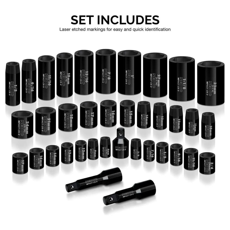 38 piece Impact Socket Set Duometric Combination SAE Metric