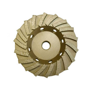 Front view of a 4-inch concrete grinding cup with 18 turbo segments and 5/8"-11 threaded nut, showing durable construction and segmented design for efficient grinding.