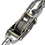 Close up of the dual gear mechanism and  aircraft grade braided steel cable on a 4 ton come along.