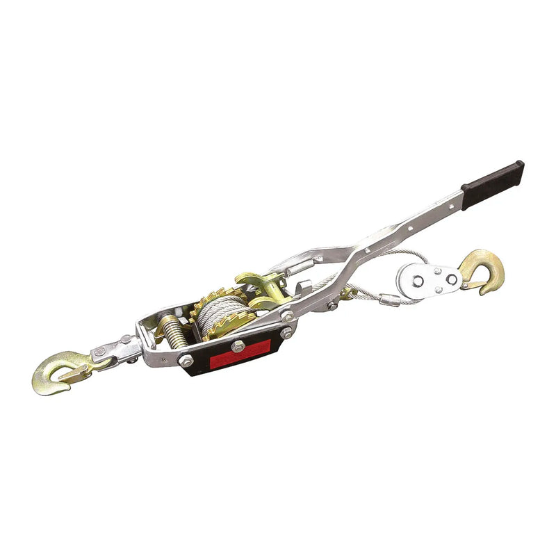 ToolPlanet 4 ton come along hand cable power puller featuring a dual gear design, aircraft grade steel cable, and three drop forged safety hooks