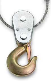 Close up of the heavy duty pulley assembly and zinc plated safety hook on the ToolPlanet 4 ton power puller.