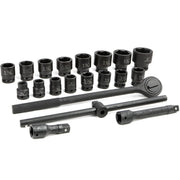 Complete 21 piece 3/4 inch drive SAE impact socket set with ratchet, extensions, sliding T-bar, and sockets arranged on a white background.