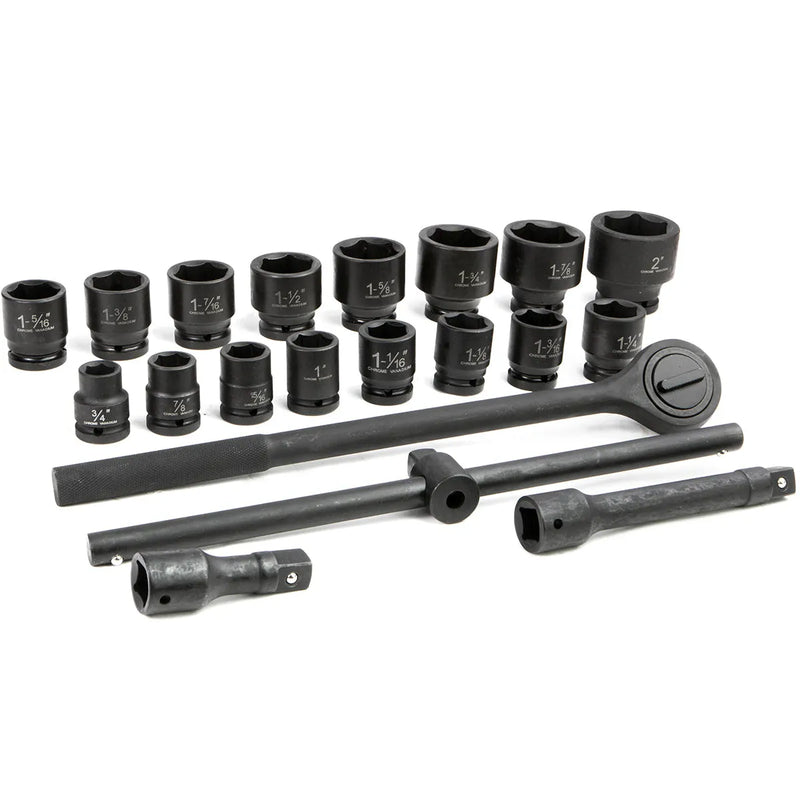 Complete 21 piece 3/4 inch drive SAE impact socket set with ratchet, extensions, sliding T-bar, and sockets arranged on a white background.