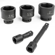 Close-up view of assorted 3/4 inch drive SAE impact sockets in various large sizes.