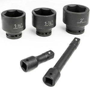 Close-up view of assorted 3/4 inch drive SAE impact sockets in various large sizes.