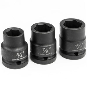 Grouped impact sockets showing size markings and black oxide finish