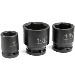 Three black impact sockets of different sizes on a white background
