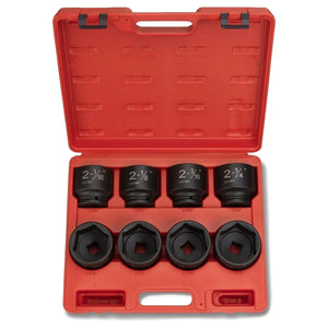 Open red storage case holding all eight jumbo 3/4 inch drive SAE impact sockets.