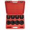 Open red storage case holding all eight jumbo 3/4 inch drive SAE impact sockets.