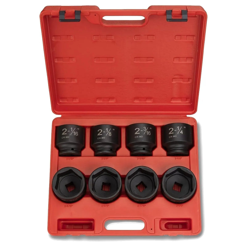 Open red storage case holding all eight jumbo 3/4 inch drive SAE impact sockets.