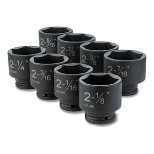 Group of eight large 3/4 inch drive SAE impact sockets standing upright with visible laser-etched sizes.