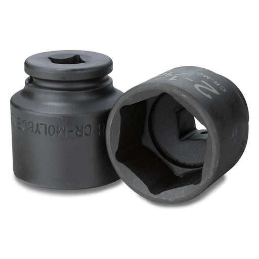 Close-up view of two large 3/4 inch drive chrome molybdenum impact sockets showing the 6-point interior.