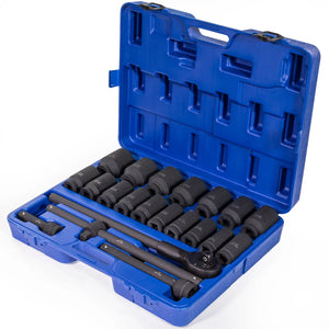 Blue impact socket set case with labeled SAE deep sockets