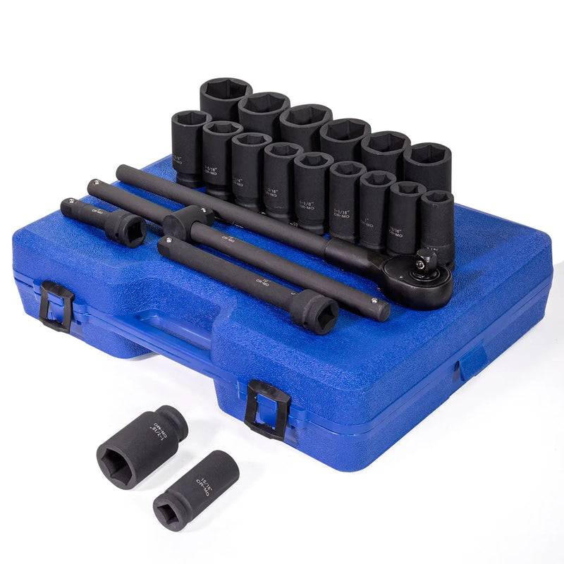Blue impact socket set layout with multiple deep sockets displayed
