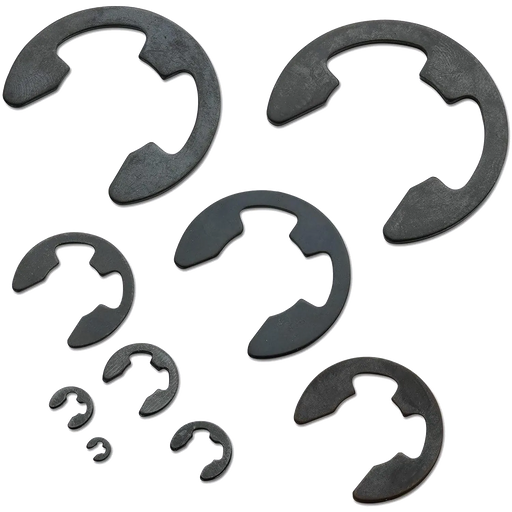 Close-up of E-clips in multiple sizes arranged by type