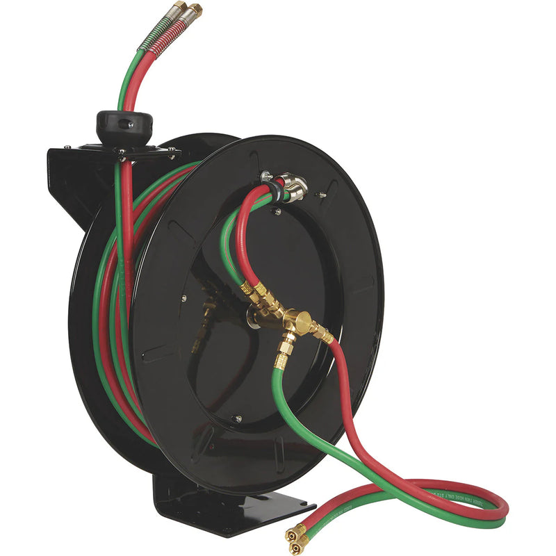 Side view of the welding hose reel showing the twin hoses and mounting base.