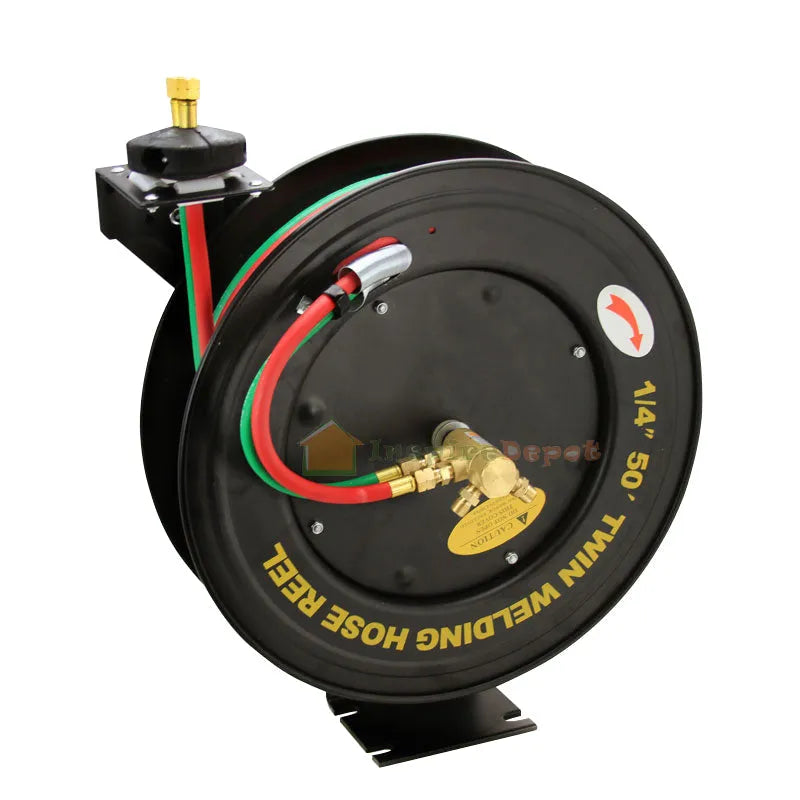 Front view of the retractable welding hose reel with visible yellow directional graphic and hose guides.