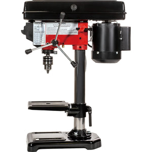 Side view of the drill press motor and spindle speeds: The 1/3 HP motor is visible along with a clear display of the five spindle speed options