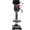 Front view of 8-Inch 5-Speed Drill Press: A black and red compact drill press mounted on a sturdy base, showing the keyed chuck and spindle.