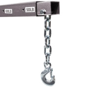 Adjustable crane boom extension featuring a 10-1/2 inch safety chain and heavy-duty lifting hook