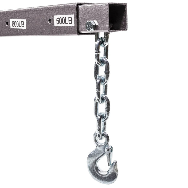 Adjustable crane boom extension featuring a 10-1/2 inch safety chain and heavy-duty lifting hook