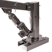 Detailed view of the heavy-duty alloy steel construction and hydraulic plunger of a small truck crane