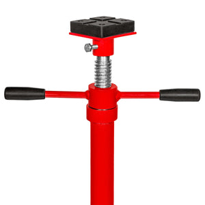Close-up of saddle head and screw rod on heavy-duty hoist jack stand